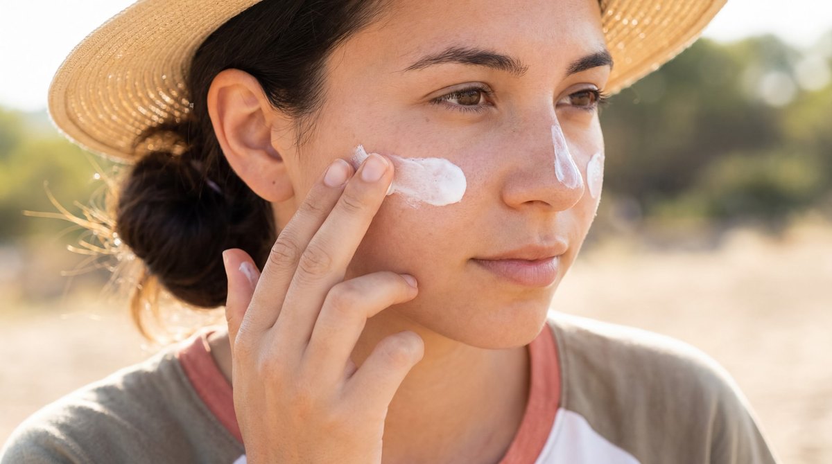 Woman in a sun hat applying broad-spectrum sunscreen to her cheek outdoors to protect against melasma